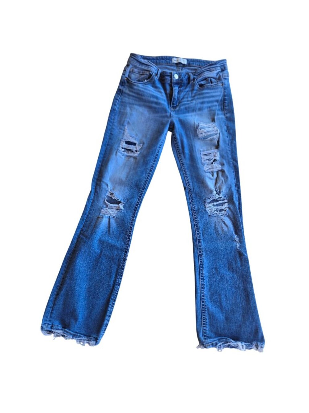 BKE Payton Universal Fit Mid Rise Boot Cut Med Wash Distressed Destroyed Denim B
